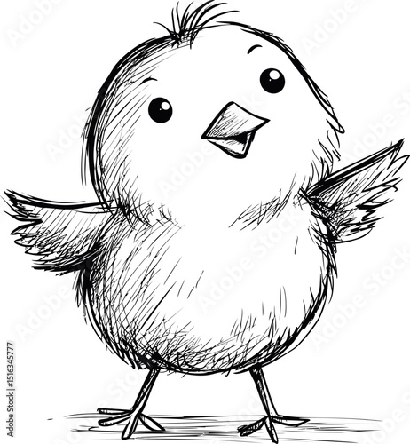 Cute sketch of a happy cartoon chick with outstretched wings. Vector illustration
