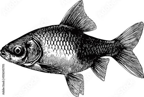 Intricate black and white illustration of a fish with detailed scales. Vector illustration