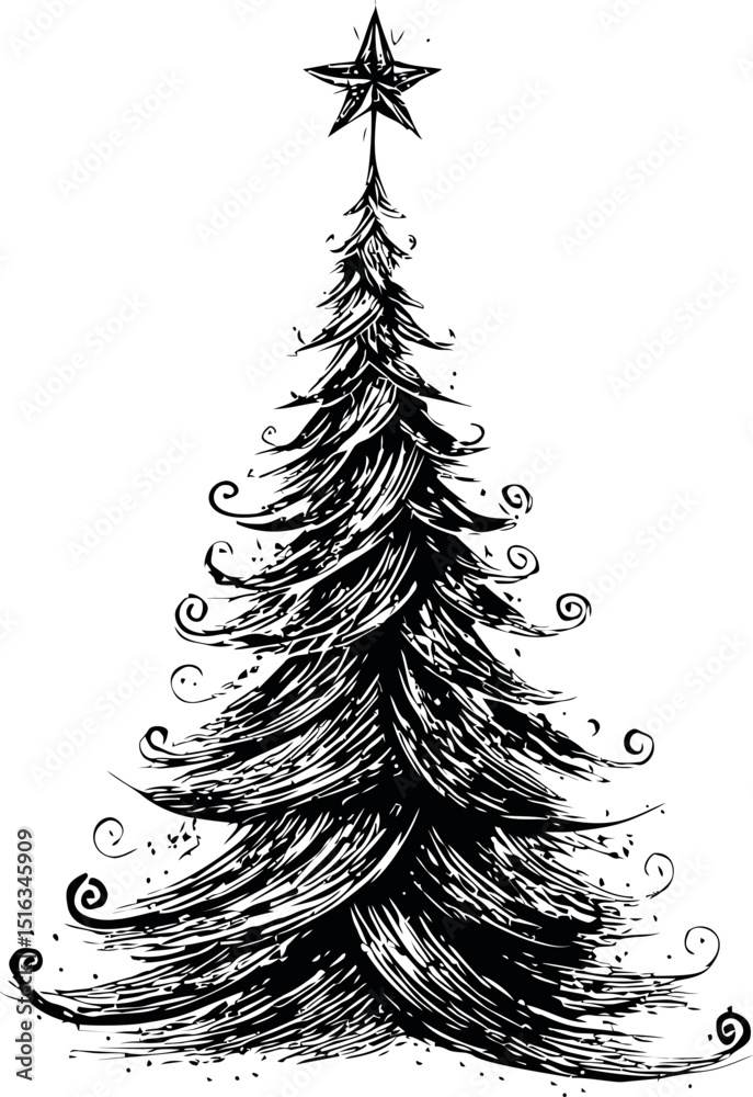 Black and white sketch of a christmas tree with star on top, ink drawing style. Vector illustration