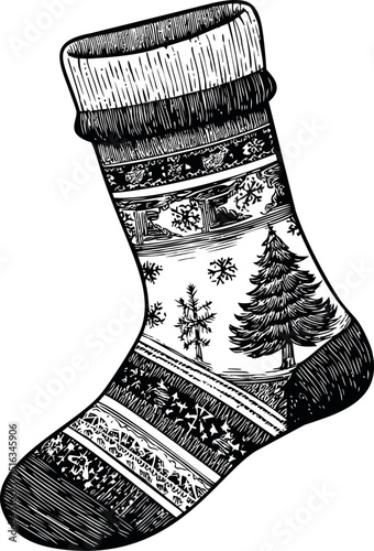 Black and white Christmas stocking with tree and snowflakes illustration. Vector illustration