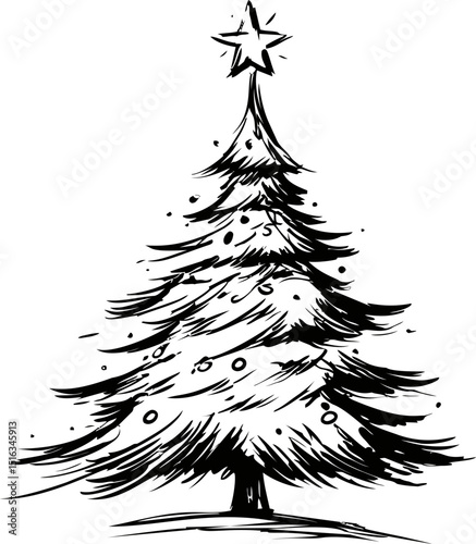 Artistic black and white drawing of christmas tree with star and decorations. Vector illustration
