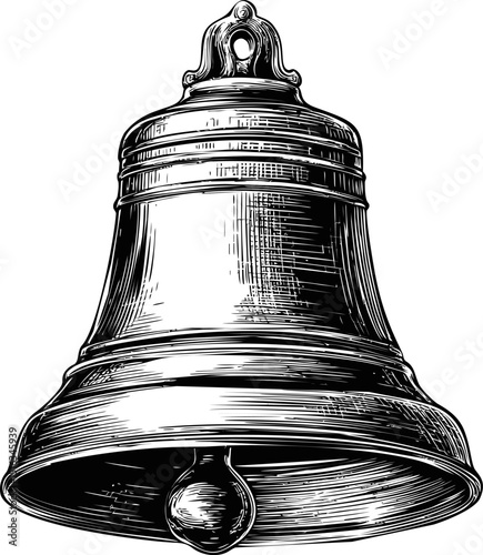 Detailed black and white sketch of a large bell in vintage engraving style. Vector illustration