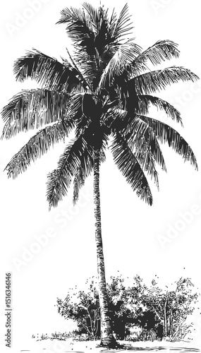 Black and white illustration of a lone palm tree with detailed leaves. Vector illustration