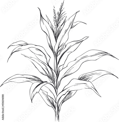 Black and white sketch of a corn plant with detailed leaves and tassel. Vector illustration