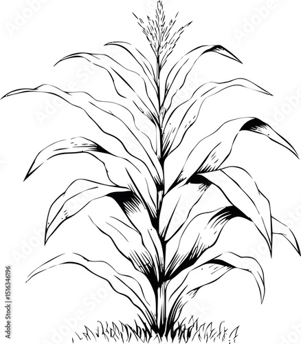 Corn plant black and white line drawing with detailed leaves and stalk. Vector illustration
