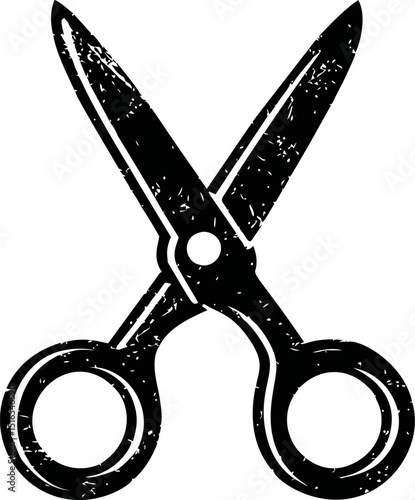 Black silhouette of vintage scissors with distressed texture. Vector illustration