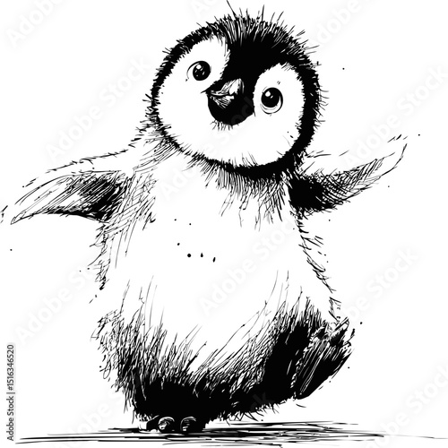 Adorable sketch of a baby penguin dancing with joy, black and white illustration. Vector illustration