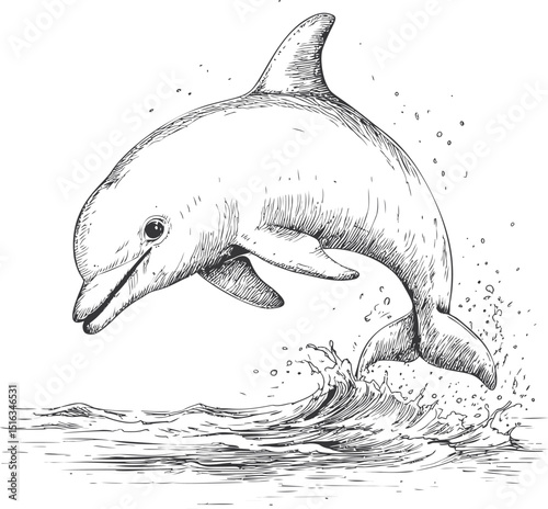 Sketch of a jumping dolphin over ocean waves with dynamic splash effect. Vector illustration
