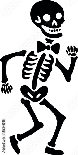 Black and white skeleton dancing joyfully with a bow tie, digital illustration. Vector illustration