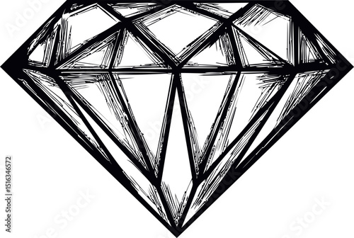 Black and white sketch of a faceted diamond, geometric illustration. Vector illustration