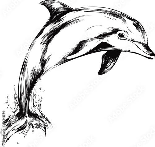 Dolphin illustration in black and white sketch style jumping from water. Vector illustration