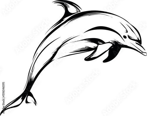 Stylized black and white dolphin illustration in playful motion. Vector illustration
