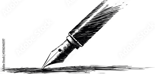 Ink sketch of a fountain pen drawing a line with dynamic strokes, creativity concept. Vector illustration