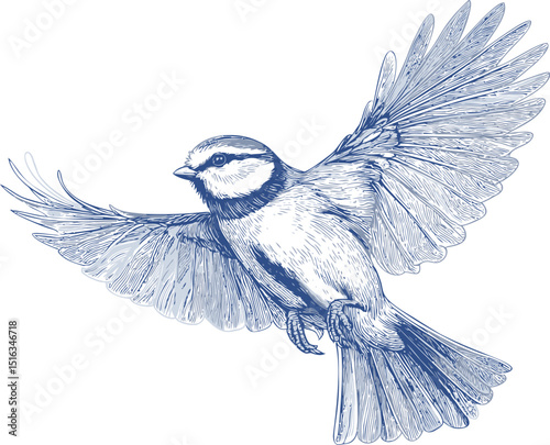 Intricate blue ink illustration of a flying bird with detailed feathers. Vector illustration