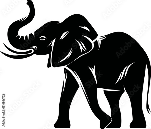 Silhouette of an elephant raising its trunk in black and white illustration. Vector illustration