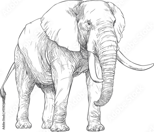 Detailed sketch of an african elephant with large tusks in black and white. Vector illustration