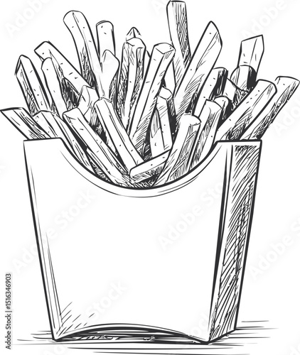 Sketch of crunchy french fries in carton box, hand-drawn black and white illustration. Vector illustration