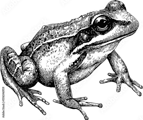 Detailed black and white illustration of a frog with textured skin and shading. Vector illustration