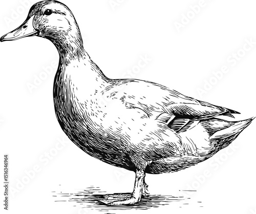 Intricate black and white sketch of a duck showing detailed feathers. Vector illustration
