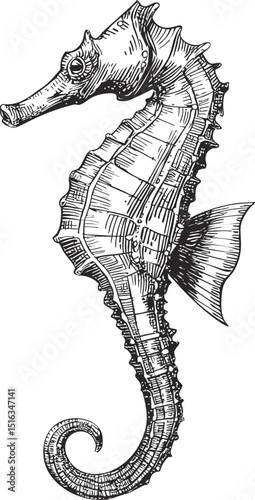 Detailed black and white illustration of a seahorse, concept of marine design. Vector illustration