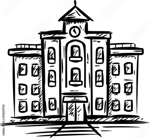 Hand-drawn black and white school building with clock at entrance, architectural sketch. Vector illustration