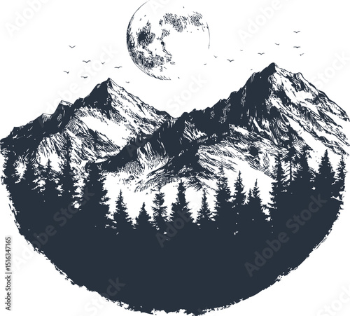 Monochrome mountain landscape with moon and pine trees illustration. Vector illustration