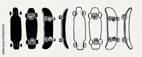Black and white vector set of six skateboards and longboards in silhouette and outline. Various shapes and views. 