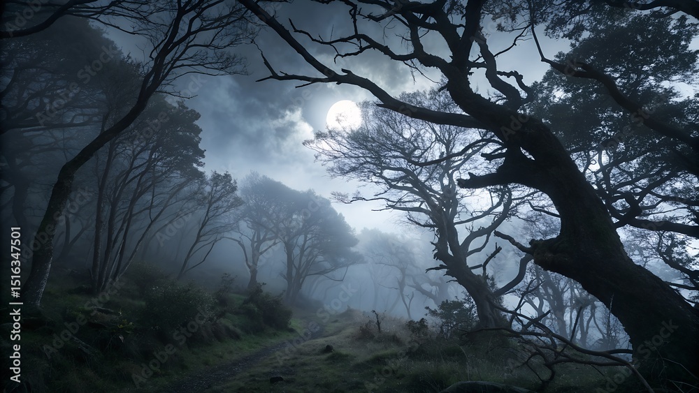 Obraz premium Mystical Woodland Path: A surreal path winds through an enchanting, fog-shrouded forest, bathed in the eerie glow of the moon. The landscape is both captivating and evocative.