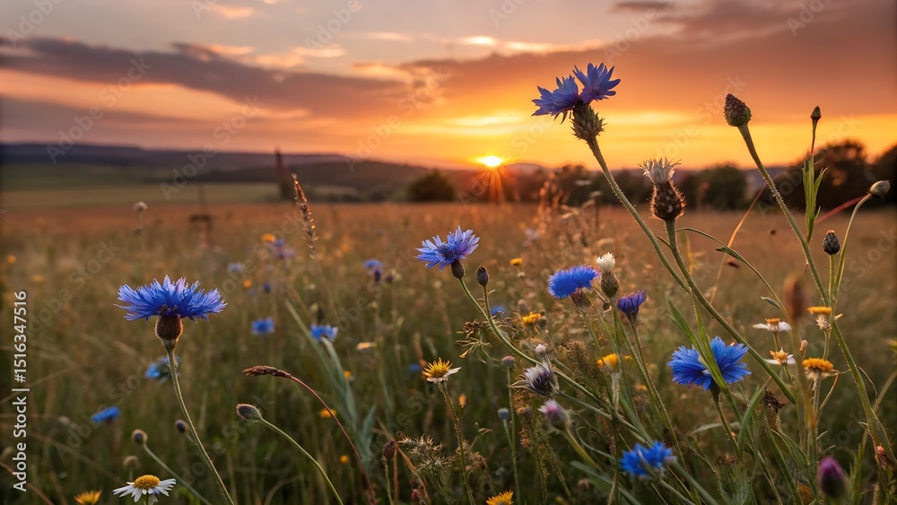 Fototapeta premium Sunset Bloom in Field: A field of wildflowers bathed in the warm glow of a vibrant sunset. Capture the beauty of nature.