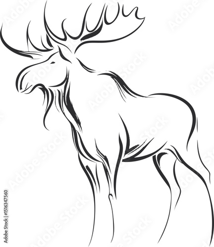 Simple black line drawing of a moose in profile with large antlers, minimalistic art. Vector illustration
