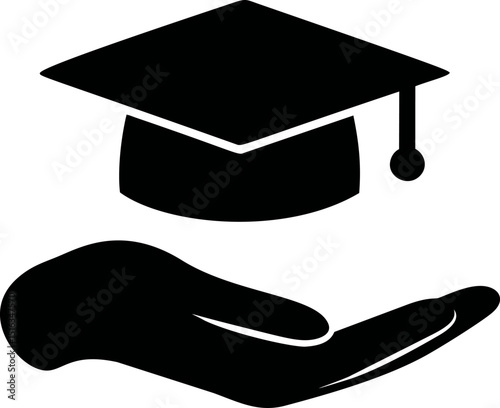 Black silhouette of an open hand supporting a graduation cap symbol. Vector illustration