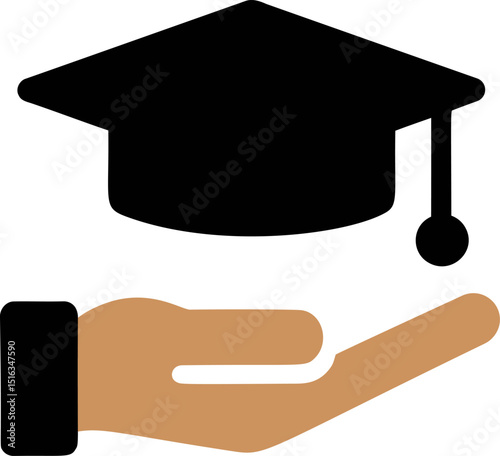 Graduation cap hovering over an open hand symbolizing education support. Vector illustration