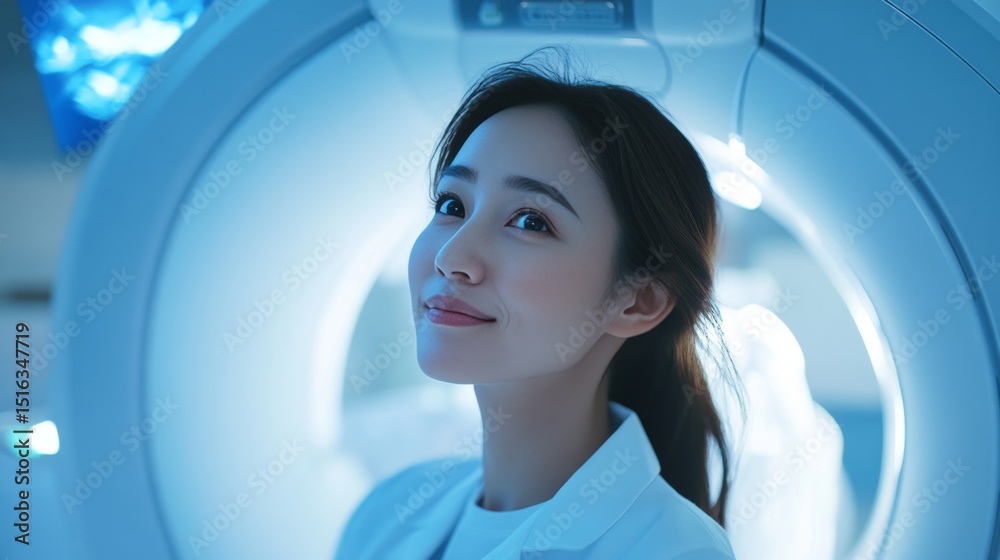 A woman is standing in a room with a large machine behind her A woman is standing in a room with a large machine behind her