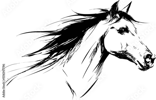 Black and white sketch of a horse with flowing mane profile illustration. Vector illustration