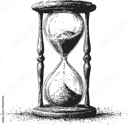 Wooden hourglass with flowing sand, vintage illustration style. Vector illustration