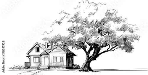 Charming country house shaded by a large oak tree in black and white sketch. Vector illustration