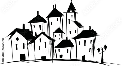 Abstract black and white sketch of whimsical medieval houses and lamp post. Vector illustration
