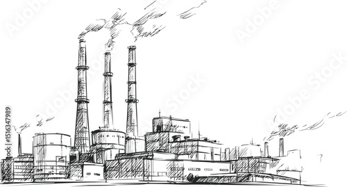 Industrial factory sketch with smokestacks emitting smoke, black and white drawing. Vector illustration