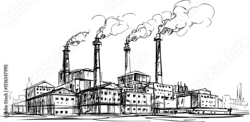 Sketch of industrial factory with four chimneys emitting smoke. Vector illustration