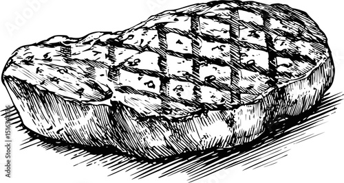 Hand drawn black and white illustration of a grilled steak with checkered pattern. Vector illustration