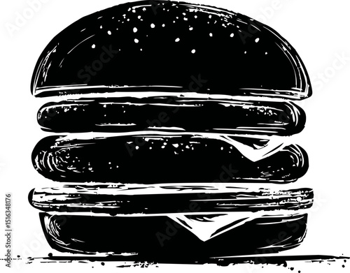 Black and white illustration of a stacked hamburger with cheese and sesame bun. Vector illustration
