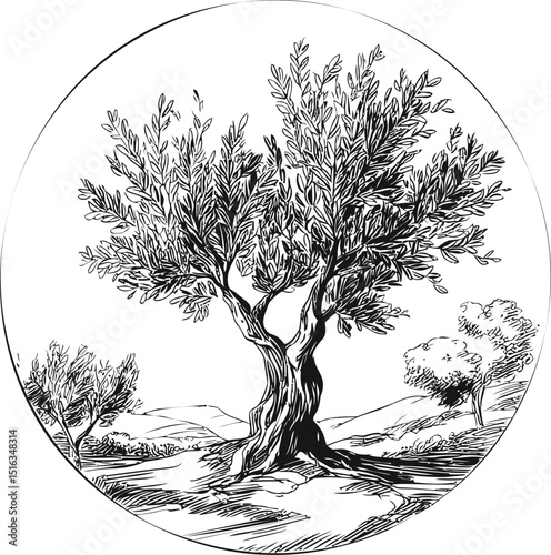 Elegant black and white illustration of an olive tree in a scenic landscape. Vector illustration