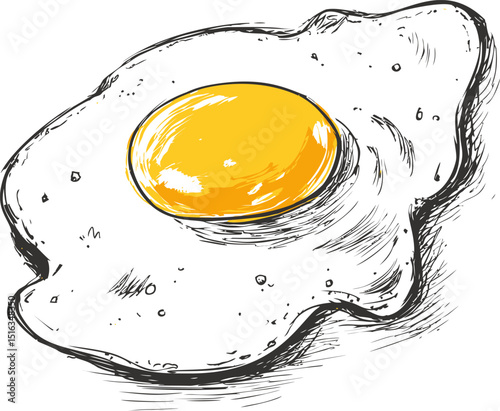 Illustration of fried egg with detailed sketch lines and bright yellow yolk. Vector illustration