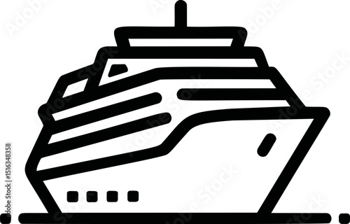 Black and white cruise ship icon with minimalist design aesthetic. Vector illustration