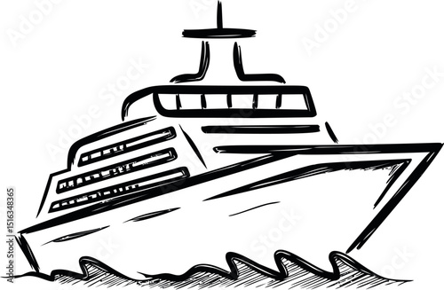 Sleek black and white sketch of a modern cruise ship on ocean waves. Vector illustration