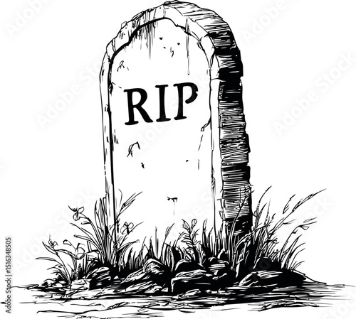 Tombstone with rip inscription surrounded by grass, black and white illustration. Vector illustration