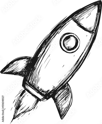 Sketched black and white rocket flying with flames, conceptual illustration. Vector illustration