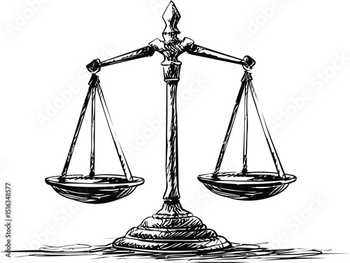 Hand-drawn black and white illustration of scales of justice, symbol of fairness. Vector illustration