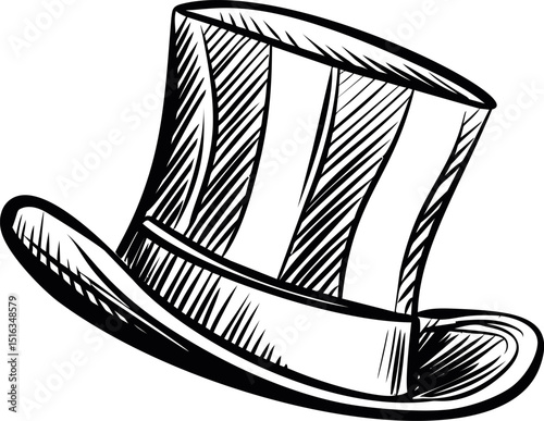 Black and white sketch of a tall top hat with texture details, fashion illustration. Vector illustration