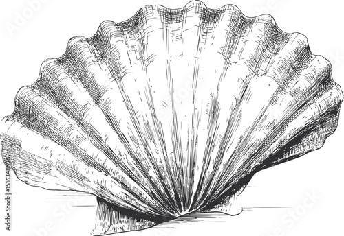 Detailed black and white illustration of a textured scallop shell. Vector illustration